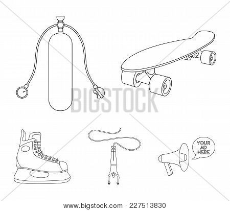 Skateboard, Oxygen Tank For Diving, Jumping, Hockey Skate.extreme Sport Set Collection Icons In Outl