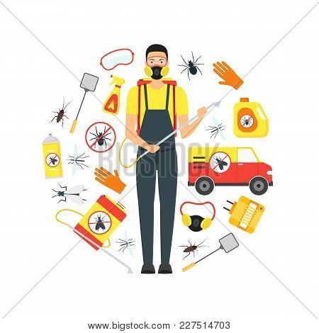 Cartoon Pest Control Service Business Round Design Template Equipment And Working Set Safety Home Fl