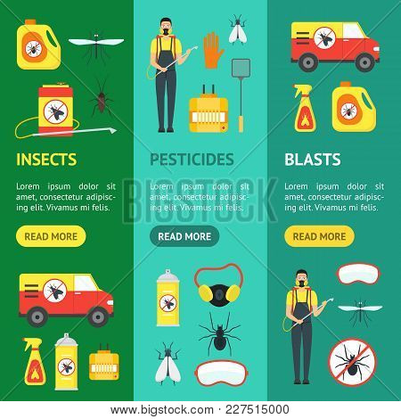 Cartoon Pest Control Service Business Banner Vecrtical Set Equipment And Working Set Safety Home Fla