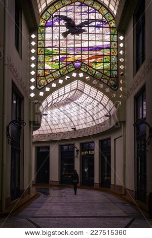 Oradea, Romania - February 10, 2018: The Black Eagle Palace And Glass Covered Passage, Landmark Of T
