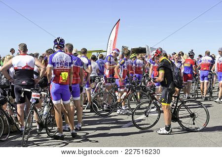 Mont-ventoux, France - September 1, 2016: On Arrival At The Summit Of Mount Ventoux Cyclists Are Hap