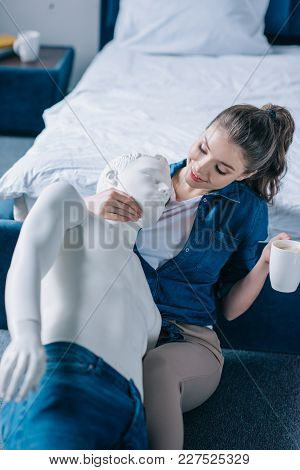 Smiling Woman With Cup Of Coffee Hugging Layman Doll, Perfect Relationship Dream Concept