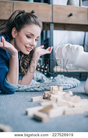 Woman Playing Blocks Wood Game With Layman Doll Near By At Home, Perfect Relationship Dream Concept