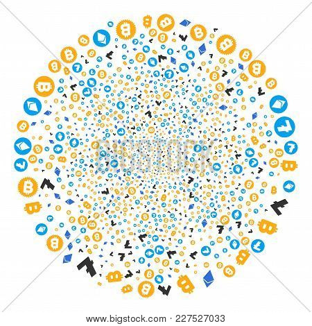 Cryptocurrency Symbols Fireworks Spheric Cluster. Object Pattern Made From Scattered Cryptocurrency 