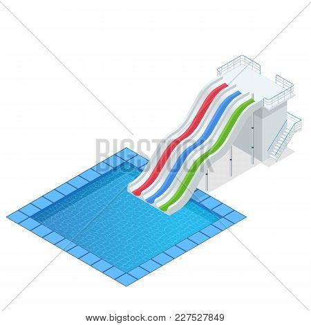 Isometric Colourful Water Slide With Pool, Aquapark Equipment, Set For Design. Swimming Pool And Wat