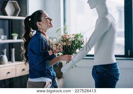 Young Woman Pretending To Receive Flowers From Layman Doll, Perfect Relationship Dream Concept