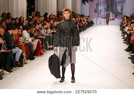 Kyiv, Ukraine - February 5, 2018: Model Walks The Runway At Bobkova Collection Show During Ukrainian