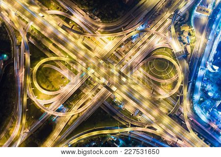Above View Of Transport Intersection City Road At Night
