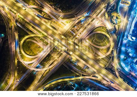 Above View Of Transport Intersection City Road At Night