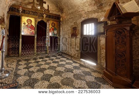 ARCHANGELOS, RHODES ISLAND, GREECE - OCTOBER 11, 2017: Interior of Tsambika church. Dedicated to Virgin Mary, the church was erected on the place where the icon was miraculously found