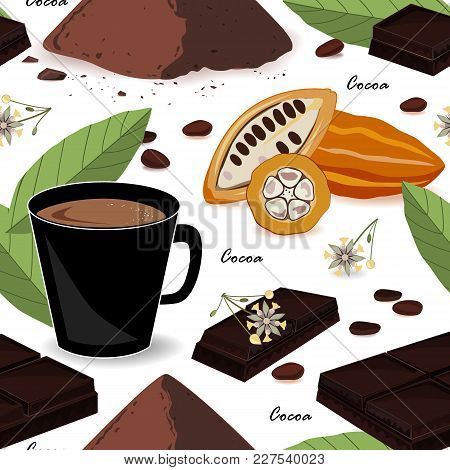 Cute And Stylish Cocoa Seamless Pattern. Cocoa Beans And Leaves, Chocolate, Cocoa Drink And Powder. 