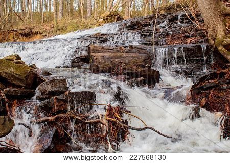 Water Cascading Over Rocks And Logs In The Alabama Backwoods