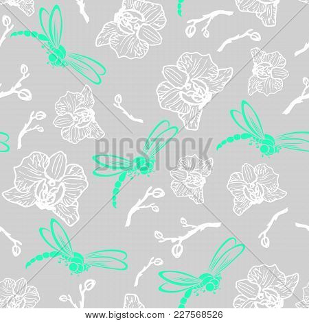 Beautiful Seamless Pattern Dragonflies And Orhids On The Gray Background.