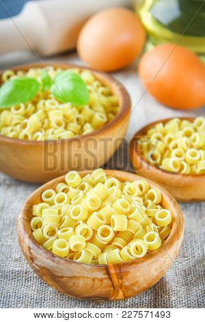 Ditalini Macaroni. Pasta Rings. Tubettini And Thimbles Anellini