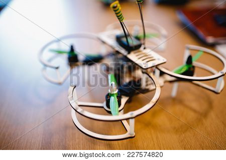 Drone Designer. Close-up Axis, Propeller, Screw, Antenna.