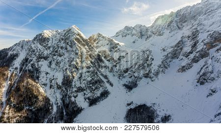 Spectacular View Of Snow Covered Mountain Ridge. Kamnik-savinja Alps, Slovenia.