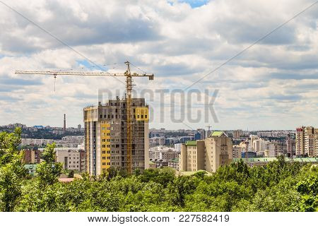 Belgorod Cityscape Skyline, Russia. Aerial View In Daylight. Residential Multi-storey Apartment Bloc