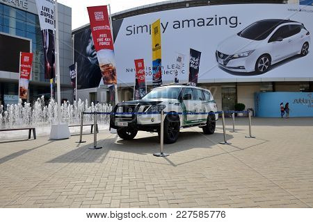 Dubai, Uae - November 17: The Nissan Patrol Of Dubai Police Car Is On Dubai Motor Show 2017 On Novem