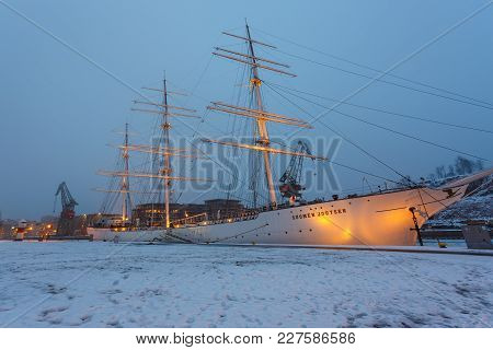 Soumen Jotusen Anchored Outside Turku In Finland In Winter Time.