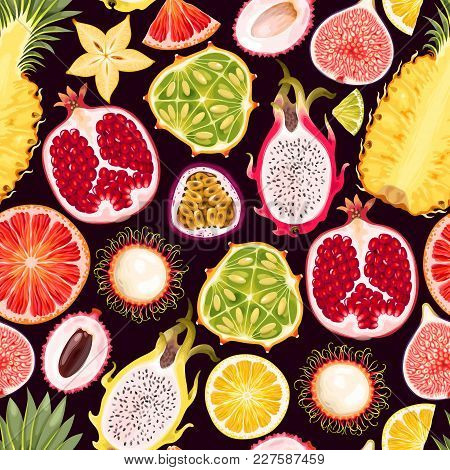 Seamless Vector Pattern With Tropical Fruit On Dark Background