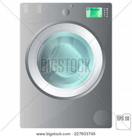 Realistic Gray Front Loading Washing Machine On A White Backgrou