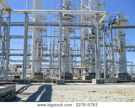 Rectification Columns Of The Oil Refinery. Refinery Equipment. Oil Refinery. Equipment For Primary O