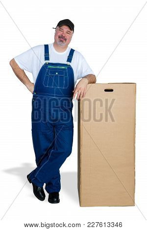 Worker Psyching Himself To Lift A Heavy Box Gripping It With His Eyes Closed And Look Of Determinati