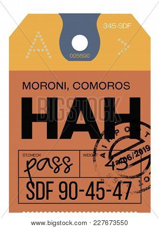 Moroni Airport Luggage Tag. Realistic Looking Tag With Stamp And Information Written By Hand. Design