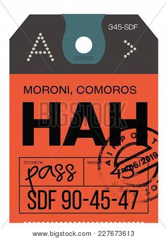 Moroni Airport Luggage Tag. Realistic Looking Tag With Stamp And Information Written By Hand. Design