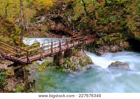 Wonderful Vintgar Gorge Canyon At Curlicue River And Beautiful Autumn Colors And Close To Lake Bled 