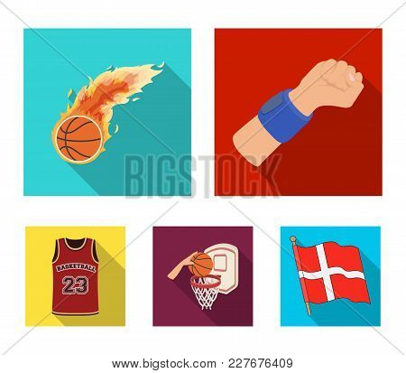 Basketball And Attributes Flat Icons In Set Collection For Design.basketball Player And Equipment Ve