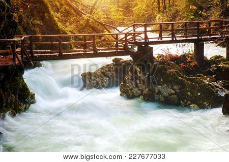 Wonderful Vintgar Gorge Canyon At Curlicue River And Beautiful Autumn Colors And Close To Lake Bled