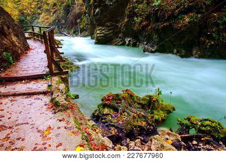 Wonderful Vintgar Gorge Canyon At Curlicue River And Beautiful Autumn Colors And Close To Lake Bled 
