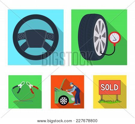 Engine Adjustment, Steering Wheel, Clamp And Wheel Flat Icons In Set Collection For Design.car Maint