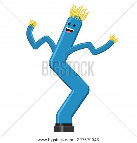 Dancing Inflatable Blue Tube Man In Flat Style Isolated On White Background. Wacky Waving Air Hand F