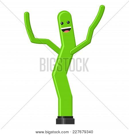 Dancing Inflatable Green Tube Man In Flat Style Isolated On White Background. Wacky Waving Air Hand 