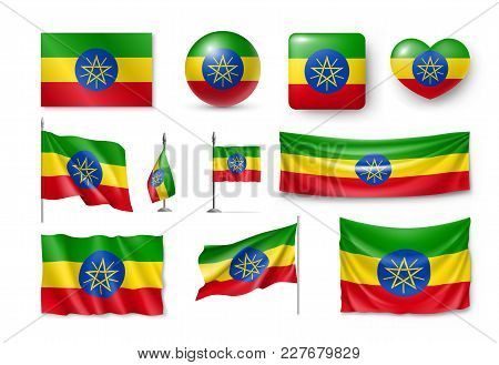 Set Ethiopia Flags, Banners, Banners, Symbols, Realistic Icon. Vector Illustration Of Collection Of 