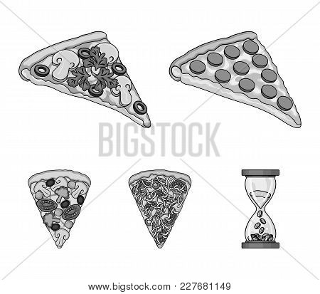 A Slice Of Pizza With Different Ingredients. Different Pizza Set Collection Icons In Monochrome Styl