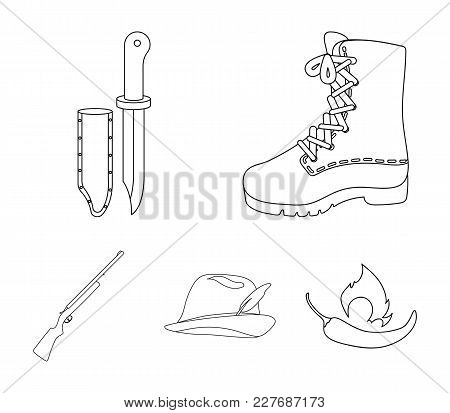 Boots, Knife With A Cover, Gun, Hat With A Feather.hunting Set Collection Icons In Outline Style Vec