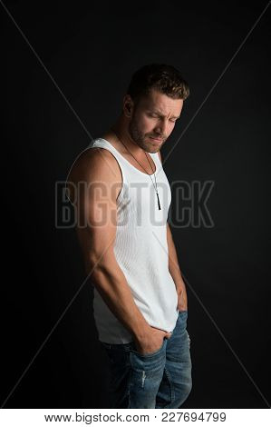 Fashion And Beauty. Fashion Model On Grey Background. Handsome Mucho Guy In Vest. Style And Look, Ba