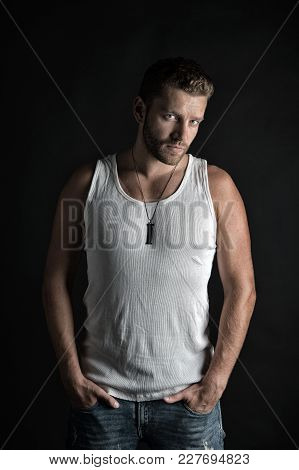 Handsome Mucho Guy In Vest. Fashion Model On Grey Background. Style And Look, Barber. Man With Unsha