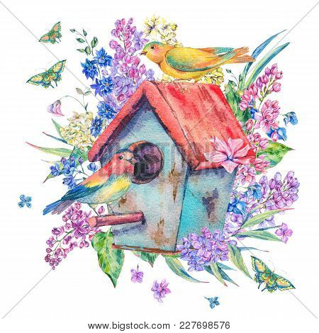 Watercolor Illustration With Birdhouse, Birds, Blooming Branch Of Lilac, Butterfly And Wildflowers. 