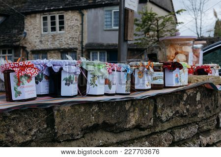 Lacock, Uk - February 3, 2018: Homemade Chutney, Marmalade And Jam For Sale In Small Village Of Laco