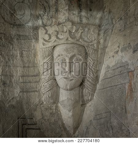 Medieval Stone Sculptur Of A Queen With A Crown, In The Vault Of Ronneby Church. Probably  Margareta
