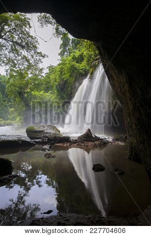 Haew Suwat Waterfall At Khao Yai National Park In Thailandl Is A Beautiful Waterfall. Popular With T
