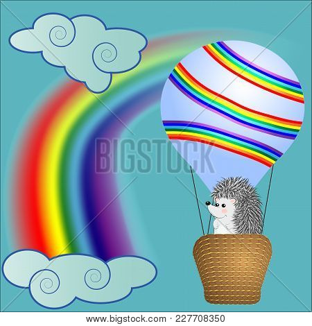 A Cute Little Hedgehog Flies Into Cartoons, A Large Bulky Balloon With A Basket In The Sky Amidst Wh