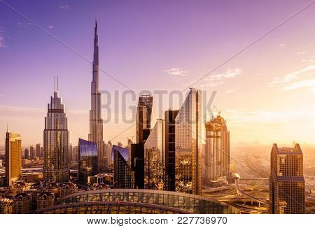 View of Duba downtowni skyline at sunset