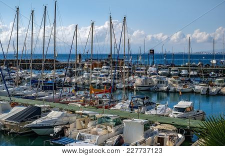 Malaga, Spain - December 23, 2017. Pleasure Boats In The Harbor, Puerto Deportivo El Candado, Malaga