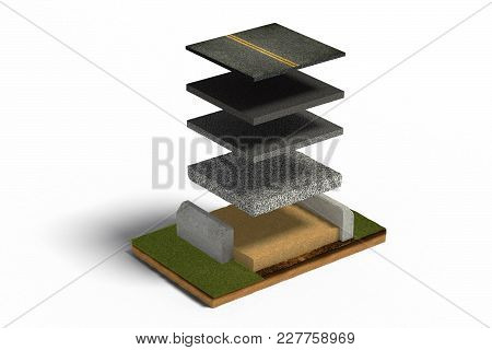 3d Illusrtation Of Asphalt Road Paving On Cross Section Of Ground Isolated On White Background