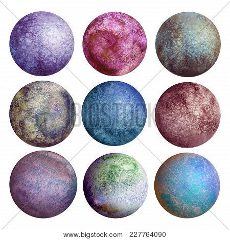 Set Of Watercolor Colorful Planets Isolated On White Background. Watercolour Hand Drawn Abstract Pla